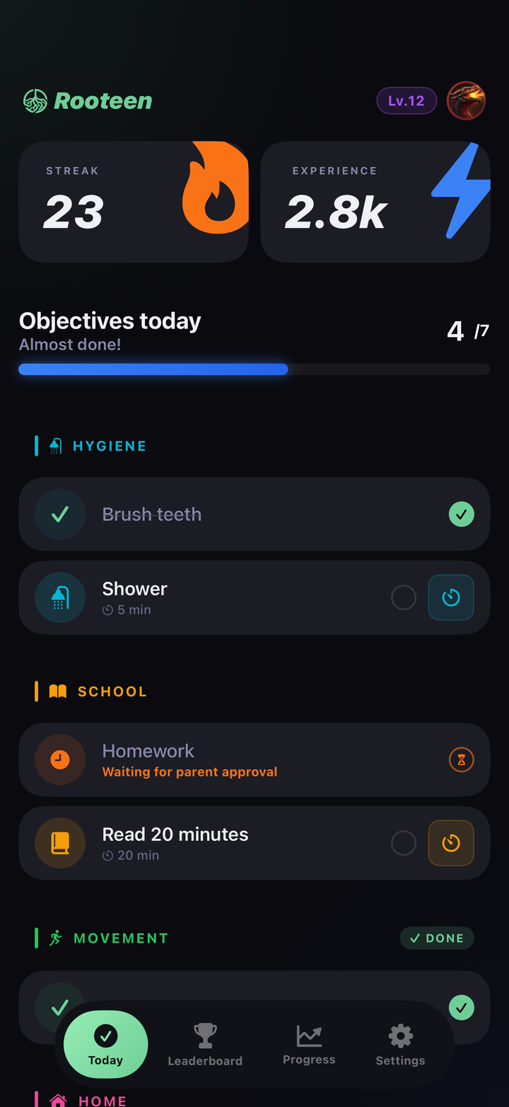 Rooteen kids app dashboard showing 23-day streak, 2.8k XP, and today's objectives