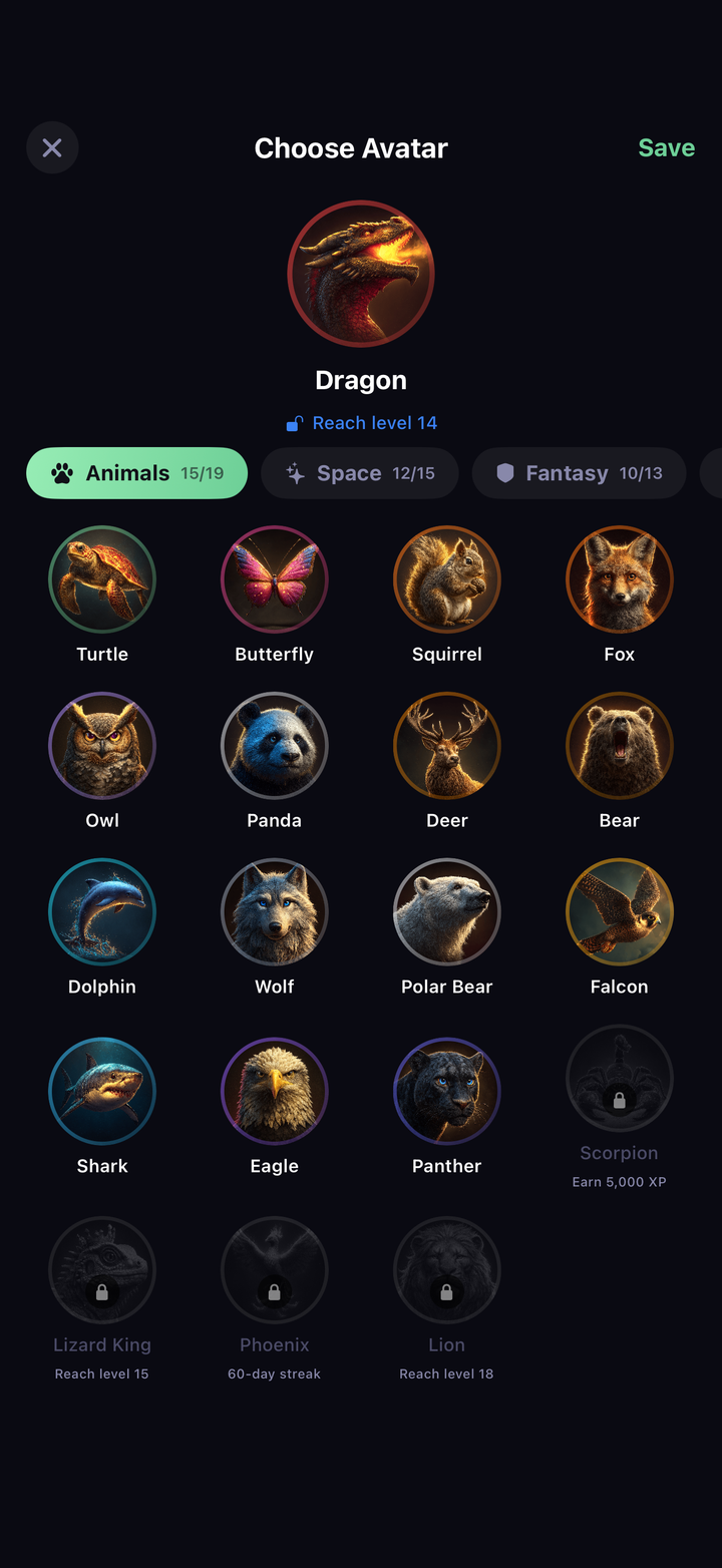Choose Avatar screen showing the animal collection