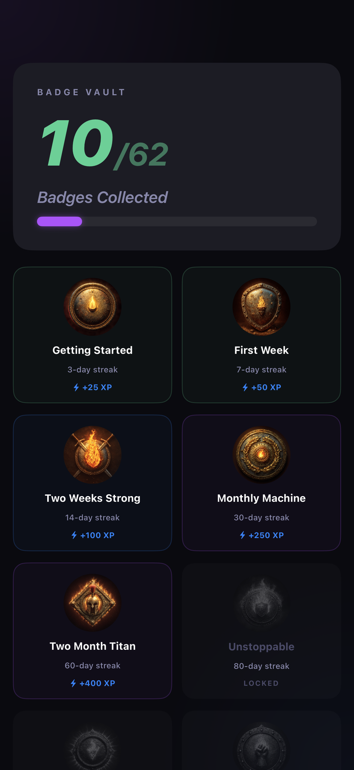 Badge Vault showing earned and locked badges