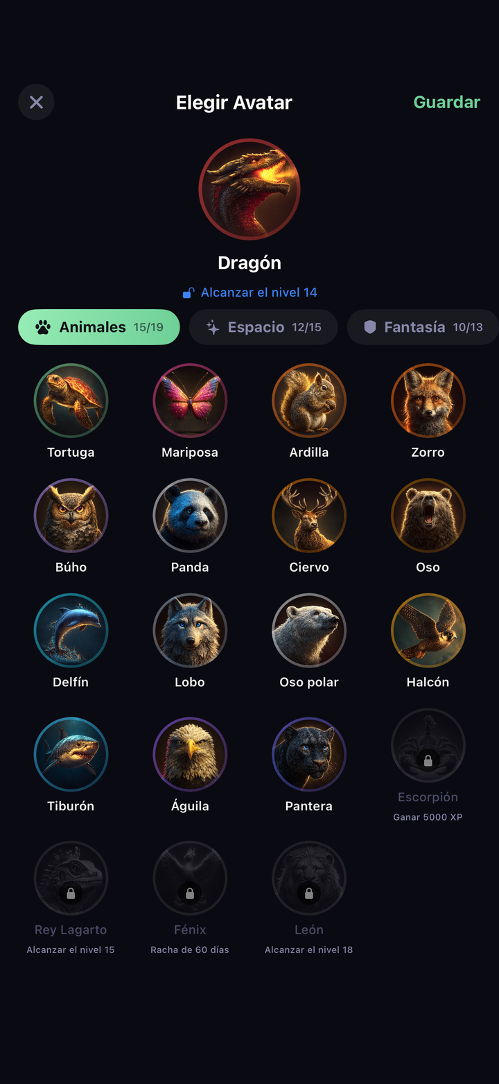 Pantalla Elige tu avatar con la colección de animales