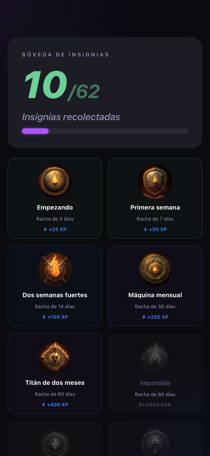Vitrina de badges mostrando los conseguidos y los bloqueados