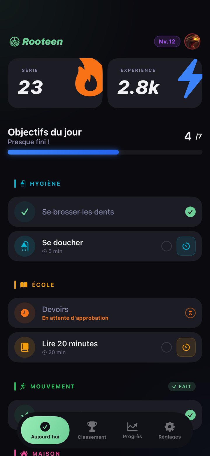 Tableau de bord Rooteen enfant : série de 23 jours, 2,8k XP, objectifs du jour