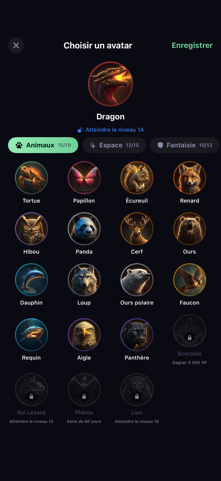 Écran Choisir un avatar montrant la collection Animaux