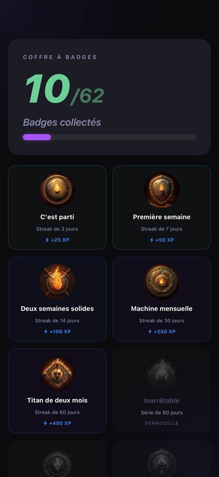 Voûte de badges montrant les badges gagnés et verrouillés
