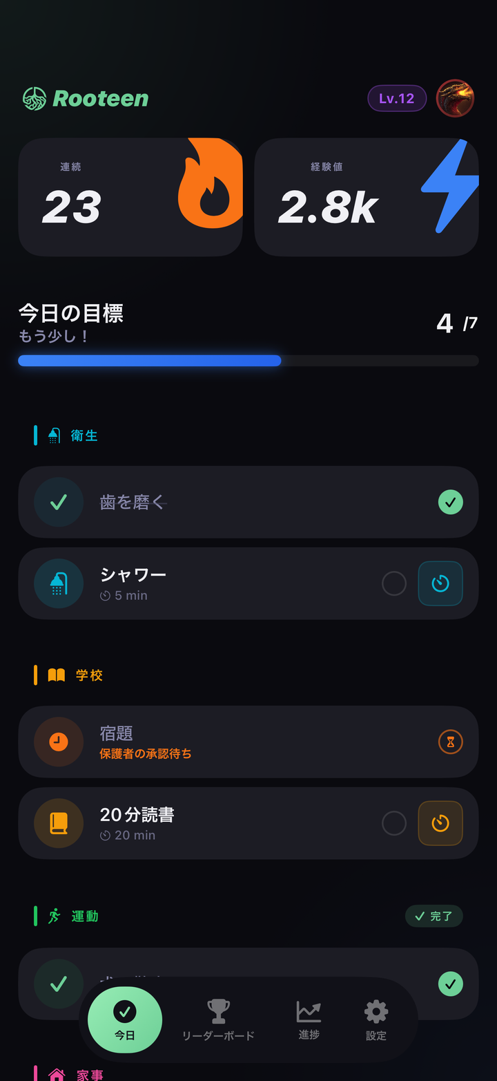 Rooteen 子ども向けアプリのダッシュボード。23 日 streak、2.8k XP、今日の目標を表示