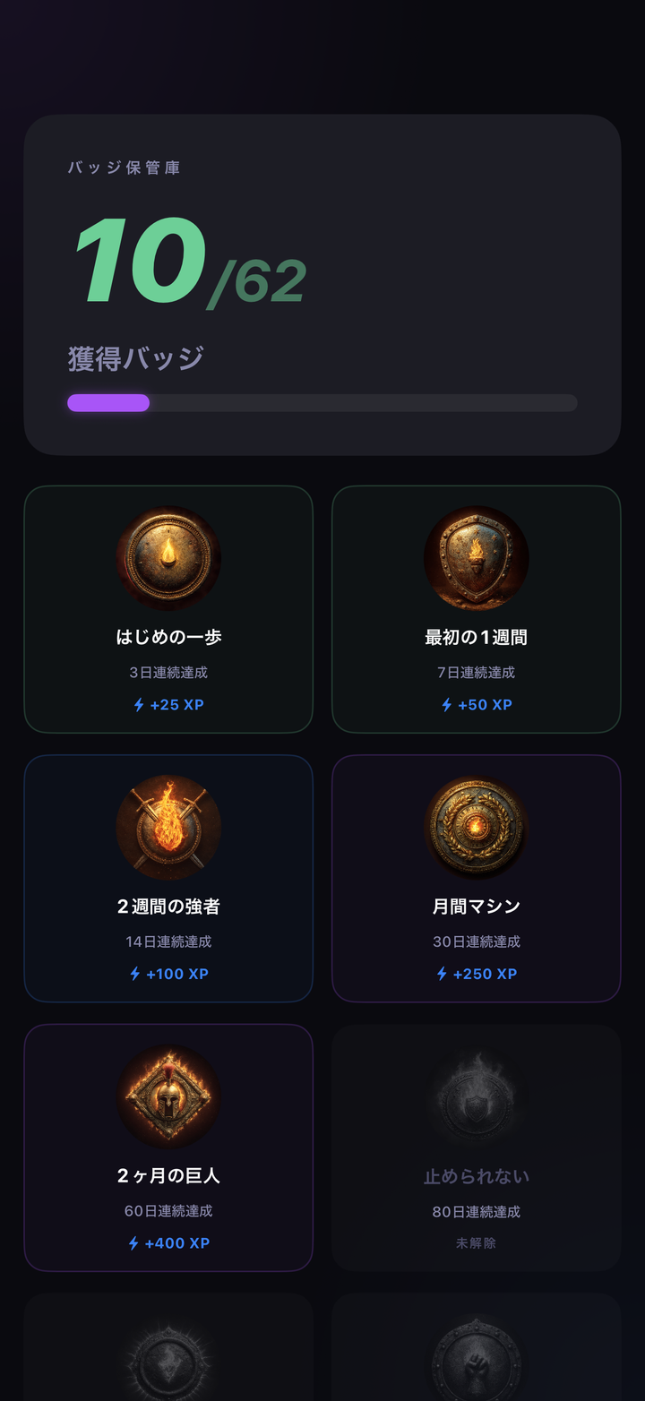 獲得済みと未獲得のバッジを表示するバッジ保管庫